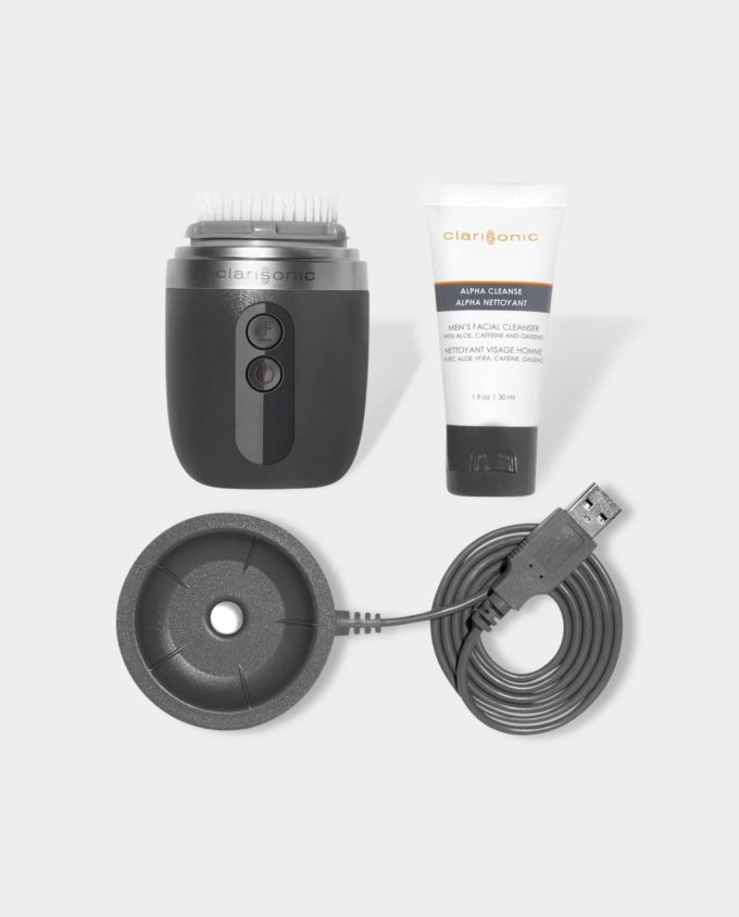 Items included in Clarisonic mens alpha fit sonic cleansing system kit